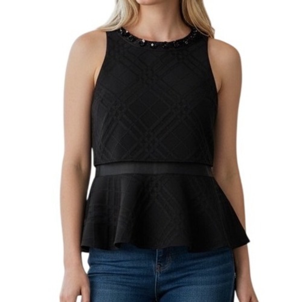 EXPRESS Black Textured Embossed Double Layer Peplum Top Embellished Sequin EUC S
